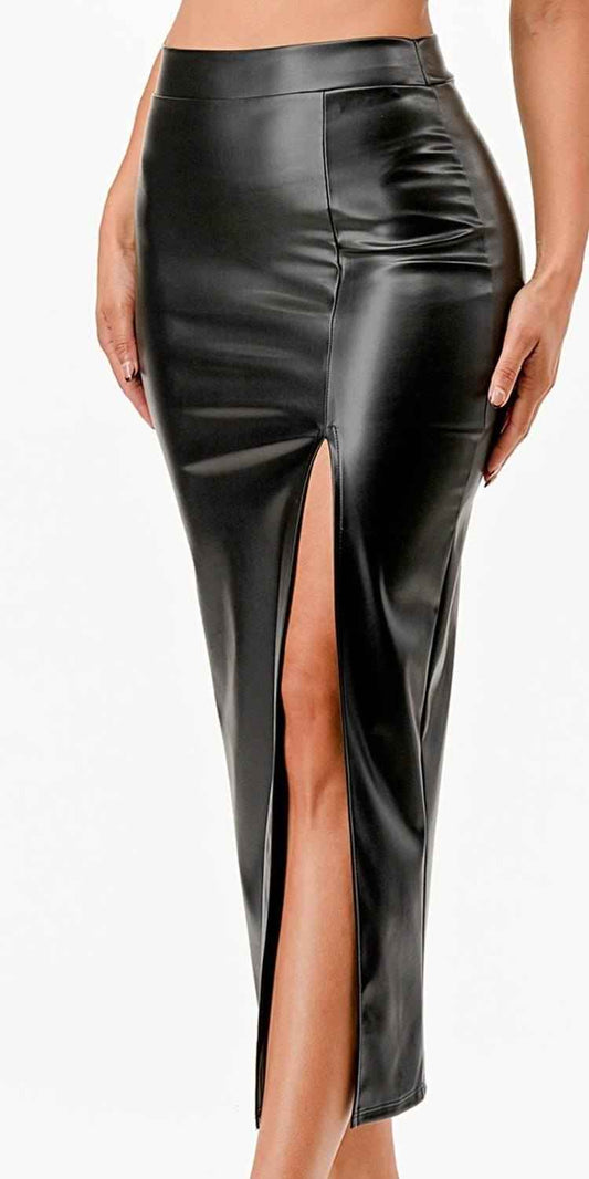 CLEARANCE - La Scala 26019 Mid Length PU leather Pencil Black Skirt (Small) - Rollexi