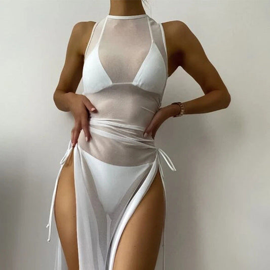 Women's Solid Color Three-Piece Bikini Set with Maxi Dress Cover-Up - Rollexi
