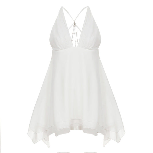 Butterfly Backless Pearl Chain Stitching Sexy V neck Halter Irregular Asymmetric Chiffon Dress Short Dress - Rollexi