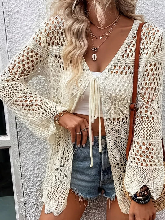 Crochet Tie Front Cardigan - Rollexi