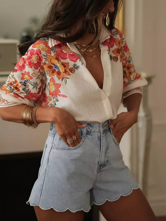 Floral Print Button Up Shirt - Rollexi