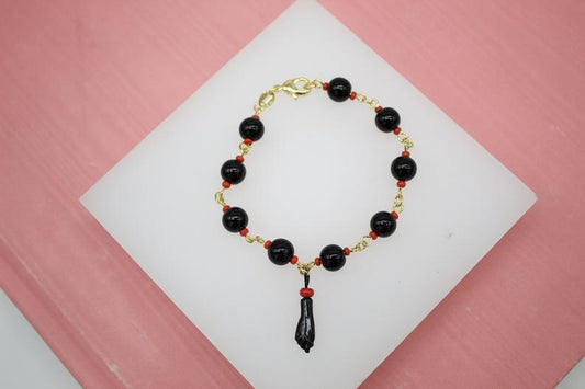 18K Gold Filled 7mm Azabache Bead Chain Bracelet With Protection Charm (I86)