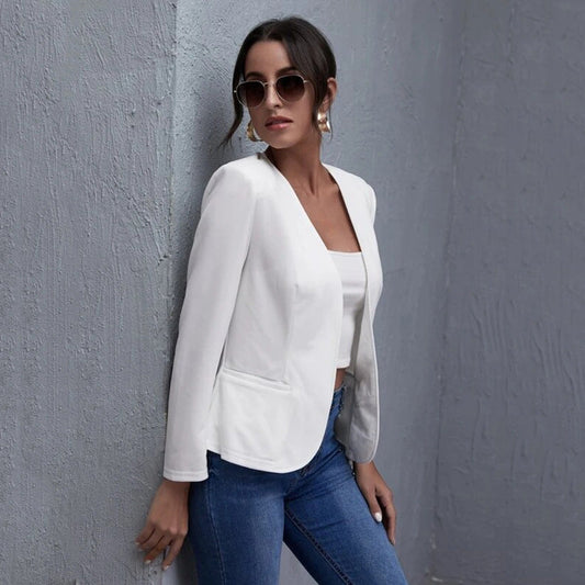 White Open-Front Cropped Blazer – Women's Plus Size Collarless Long Sleeve Jacket - Rollexi
