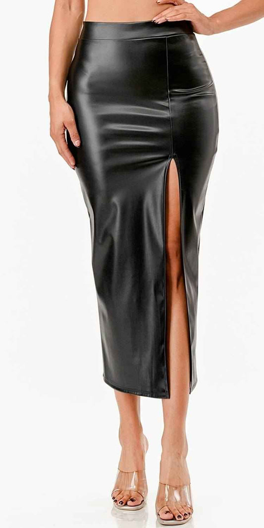 CLEARANCE - La Scala 26019 Mid Length PU leather Pencil Black Skirt (Small) - Rollexi