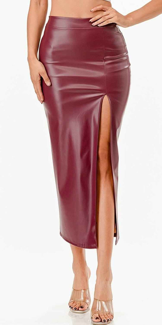 CLEARANCE - La Scala 26019 Mid Length PU leather Pencil Burgundy Skirt (Small) (Copy) - Rollexi