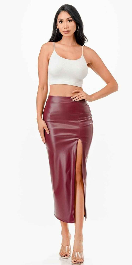 CLEARANCE - La Scala 26019 Mid Length PU leather Pencil Burgundy Skirt (Small) (Copy) - Rollexi
