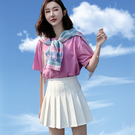 High-waisted A-line Skirt For Petite Women Gray And White Pleated Skirt - Rollexi
