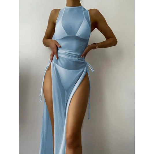 Women's Solid Color Three-Piece Bikini Set with Maxi Dress Cover-Up - Rollexi