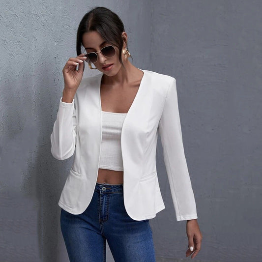 White Open-Front Cropped Blazer – Women's Plus Size Collarless Long Sleeve Jacket - Rollexi
