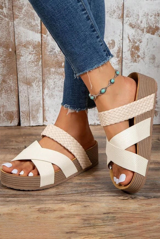 Braided Detail Criss Cross Platform Slippers - Rollexi