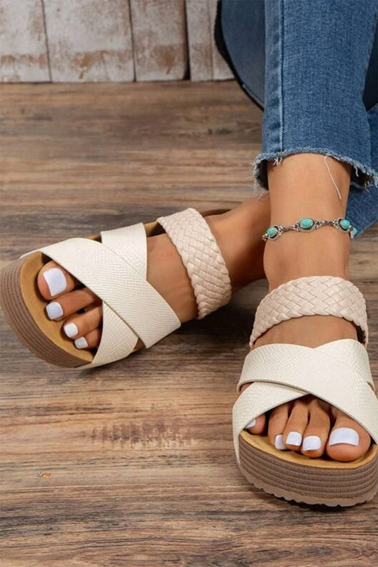 Braided Detail Criss Cross Platform Slippers - Rollexi