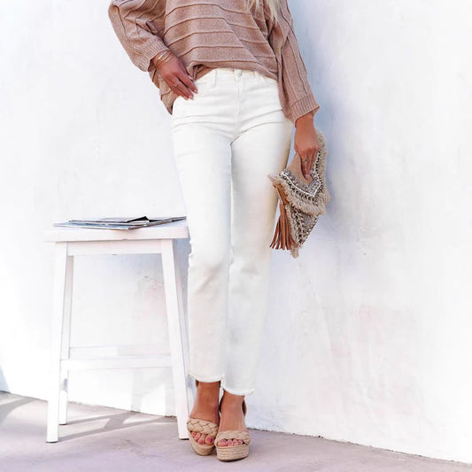 Women's Straight Leg Ankle-Length Raw Hem Denim Pants – Casual High-Waist Jeans - Rollexi