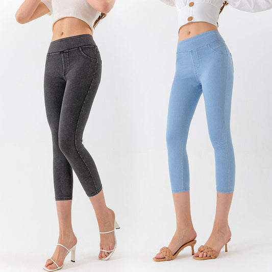 Denim-Look Capri Yoga Pants – Slim Fit High-Elastic Tummy Control Fitness Pants - Rollexi