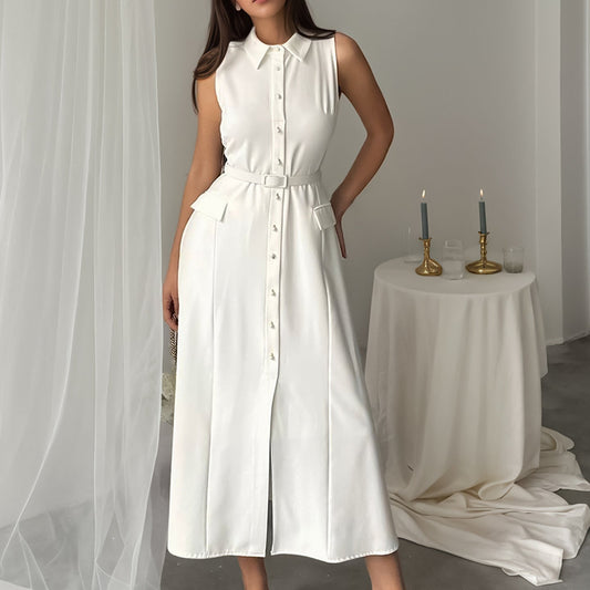 Summer Autumn Arrival Solid Color Sleeveless Belt Pearl Buckle Slim Fit Slit Office Dress - Rollexi
