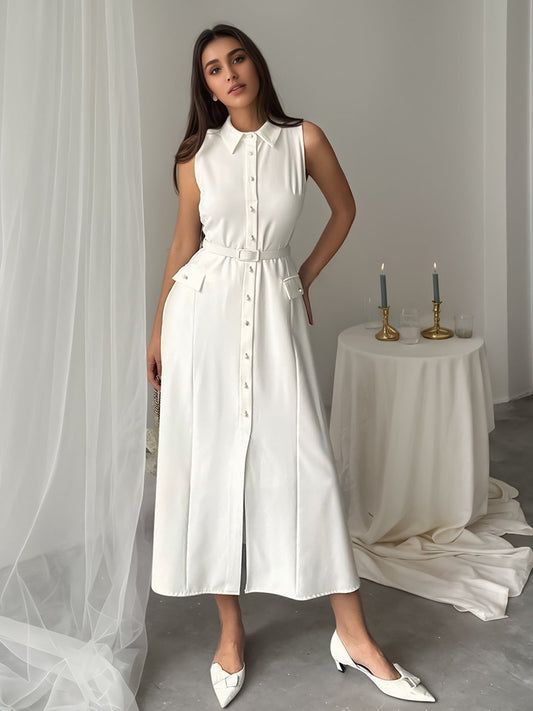Summer Autumn Arrival Solid Color Sleeveless Belt Pearl Buckle Slim Fit Slit Office Dress - Rollexi