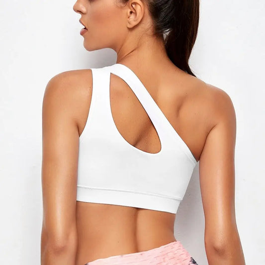 One Shoulder Push Up Sports Bra - Black/White - Rollexi