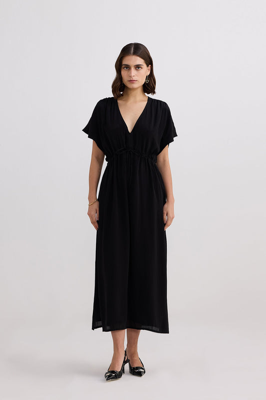 Oversized Gathered V-neck Maxi Dress in Black