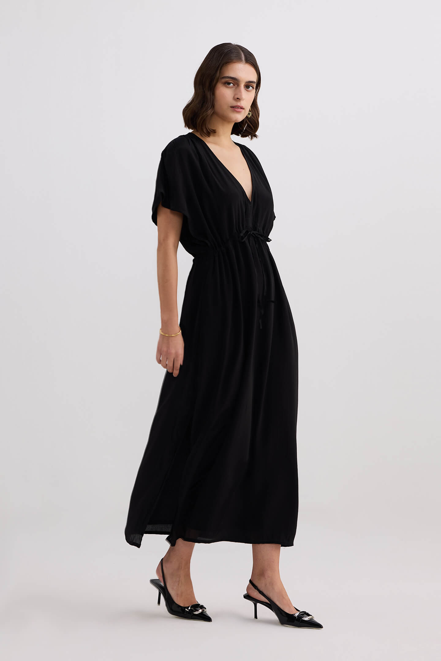 Oversized Gathered V-neck Maxi Dress in Black