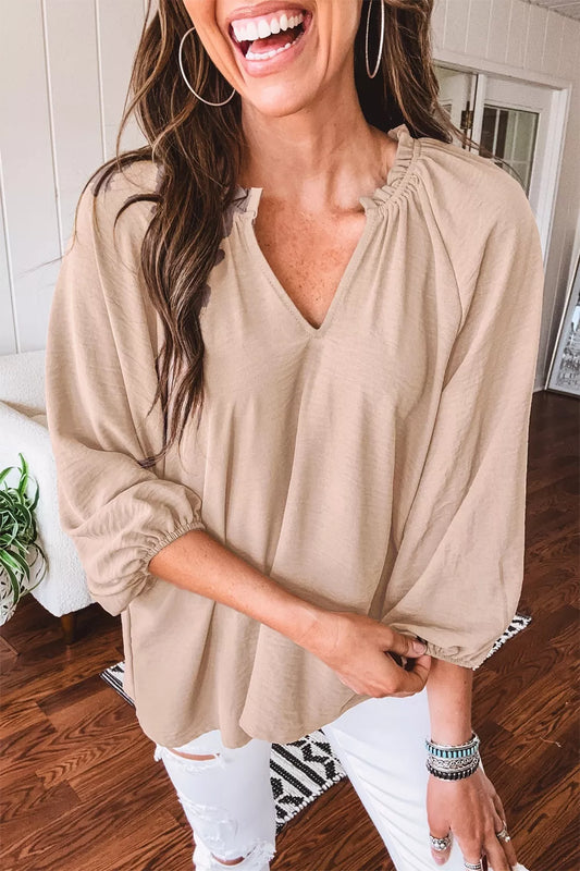 V Neck Gathered Cuff Three Quarter Sleeve Blouse - Rollexi