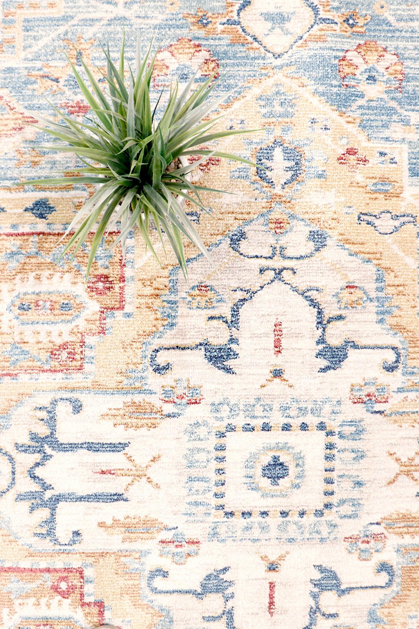 Canvello Heritage Design Light Blue Fabric Area Rug- 4' X 6'