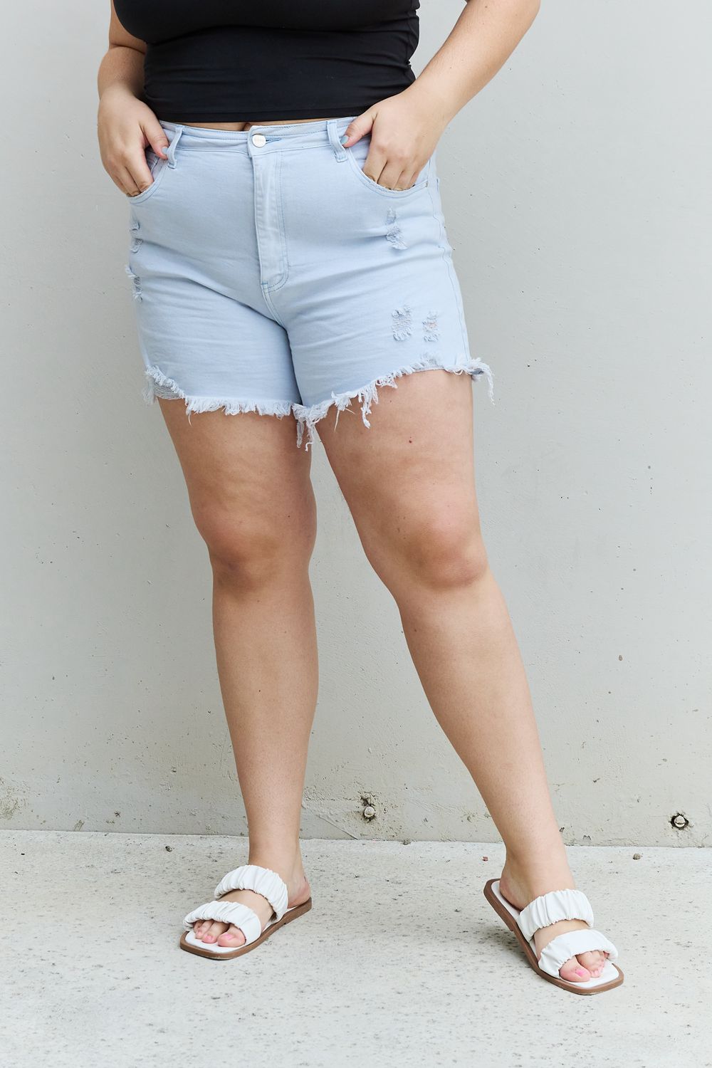 RISEN Katie Full Size High Waisted Distressed Shorts in Ice Blue - Rollexi