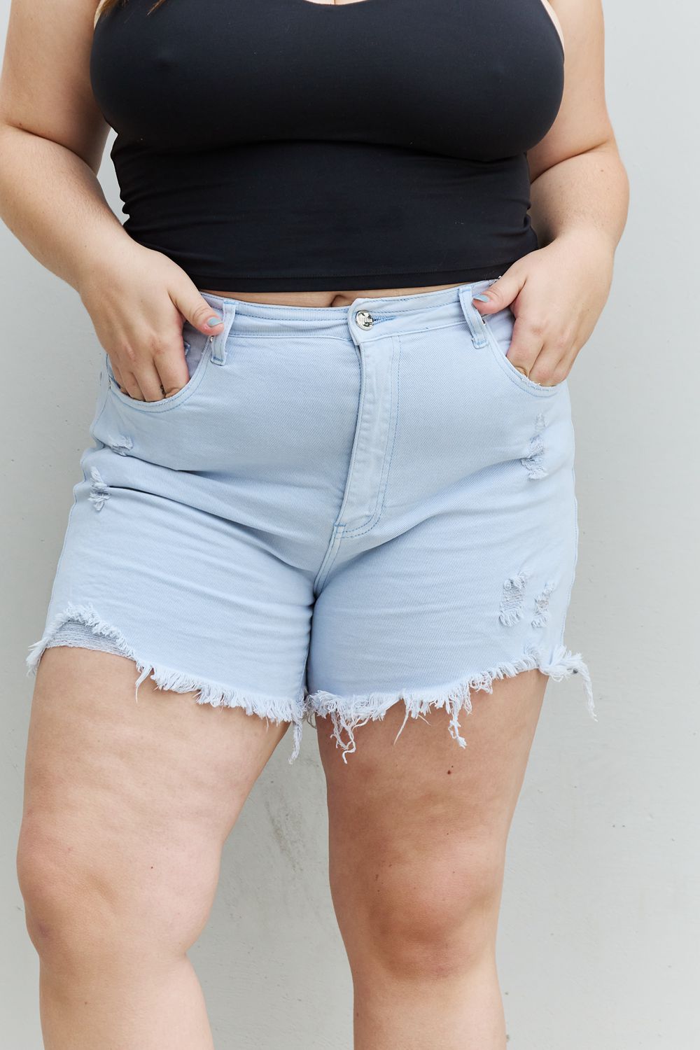 RISEN Katie Full Size High Waisted Distressed Shorts in Ice Blue - Rollexi