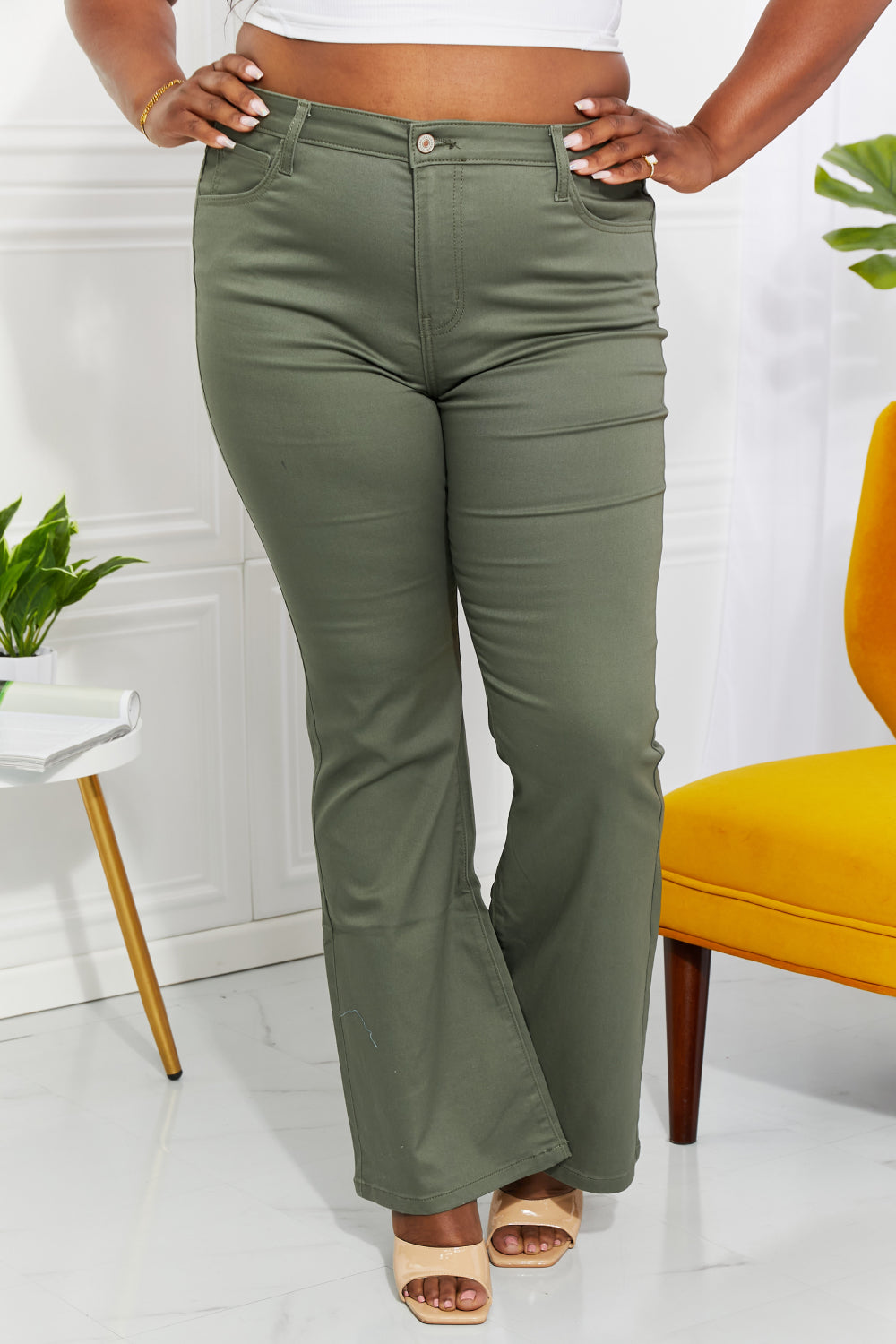 Zenana Clementine Full Size High-Rise Bootcut Jeans in Olive - Rollexi