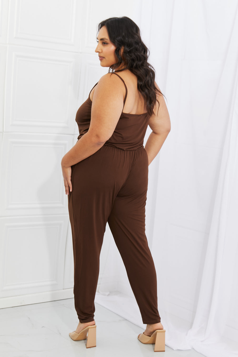 Capella Comfy Casual Full Size Solid Elastic Waistband Jumpsuit in Chocolate - Rollexi