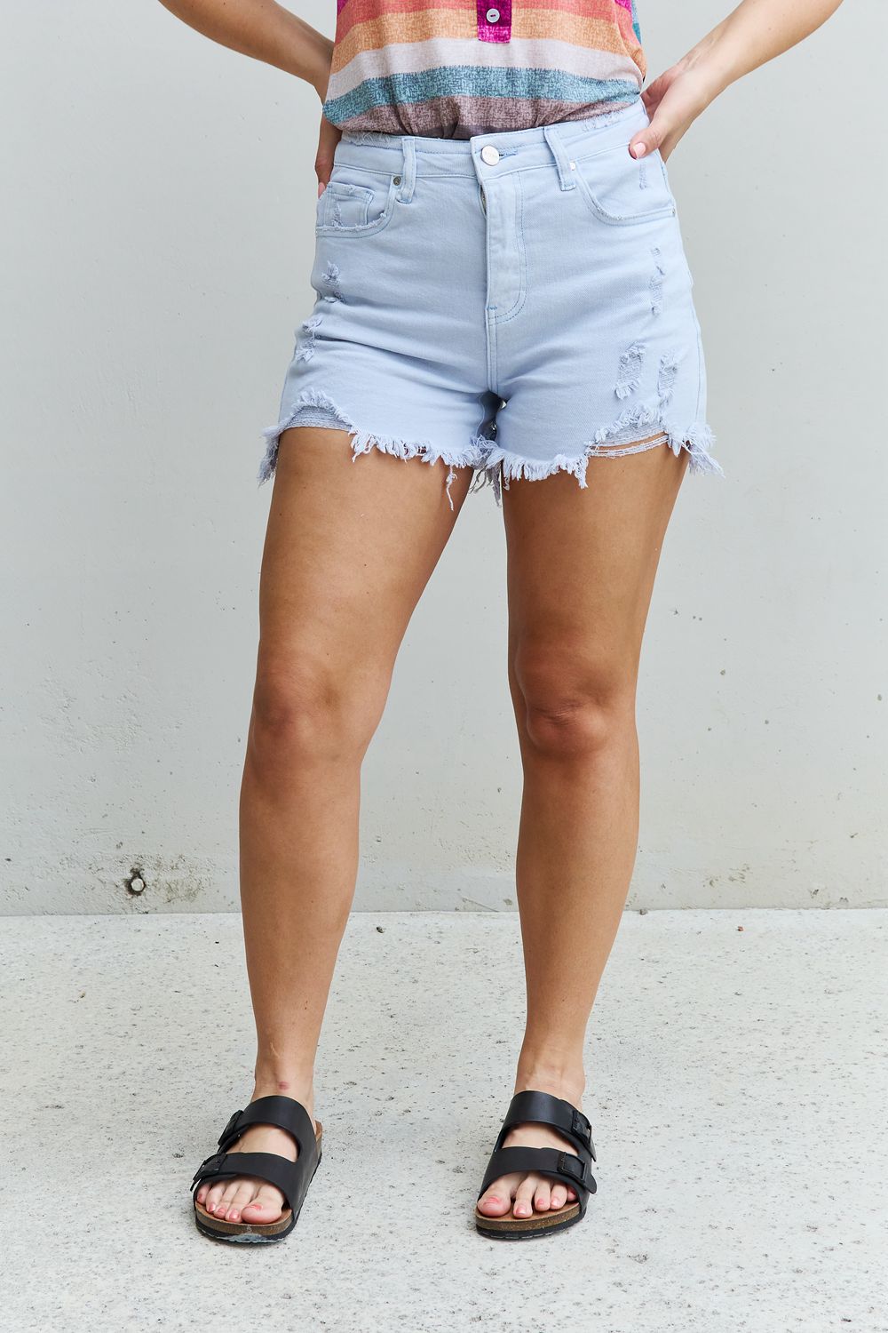 RISEN Katie Full Size High Waisted Distressed Shorts in Ice Blue - Rollexi