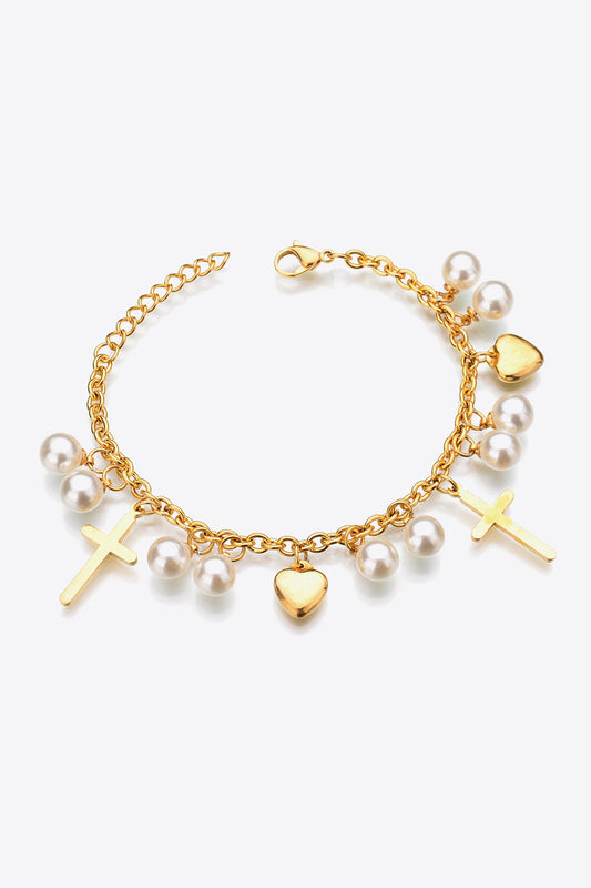 Heart Cross and Pearl Charm Stainless Steel Bracelet - Rollexi