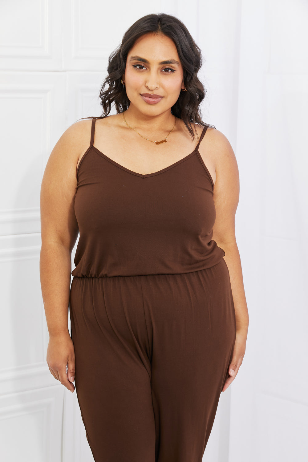 Capella Comfy Casual Full Size Solid Elastic Waistband Jumpsuit in Chocolate - Rollexi