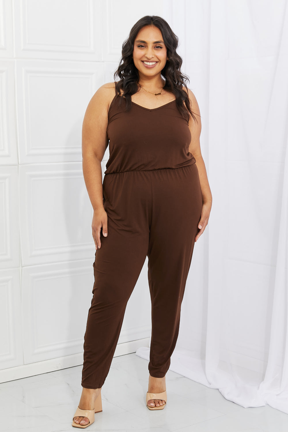 Capella Comfy Casual Full Size Solid Elastic Waistband Jumpsuit in Chocolate - Rollexi