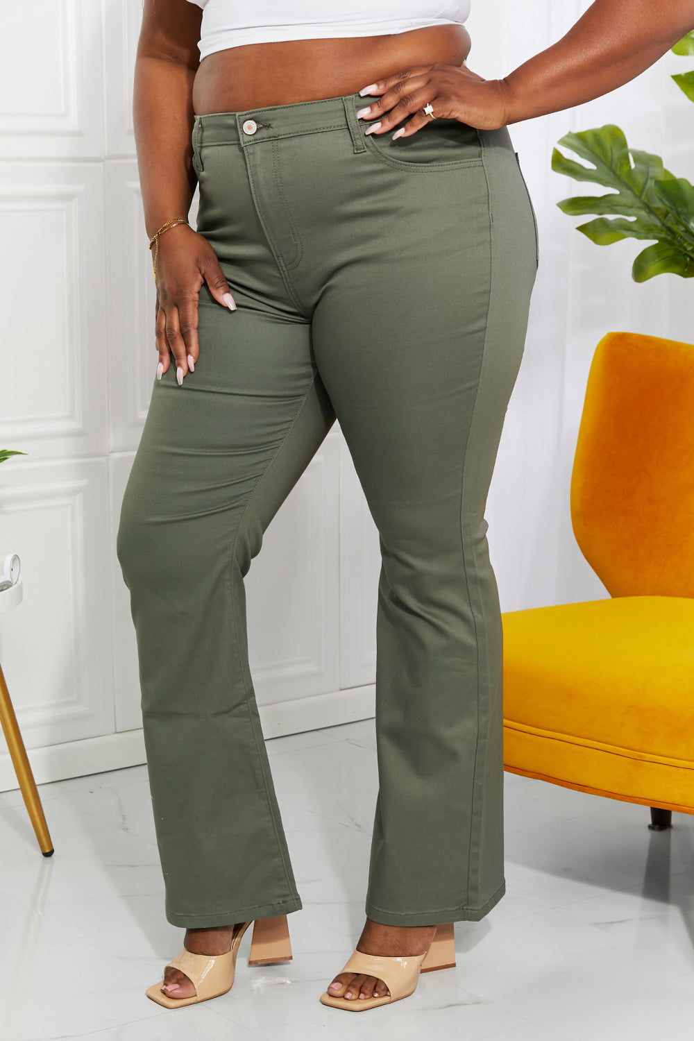 Zenana Clementine Full Size High-Rise Bootcut Jeans in Olive - Rollexi